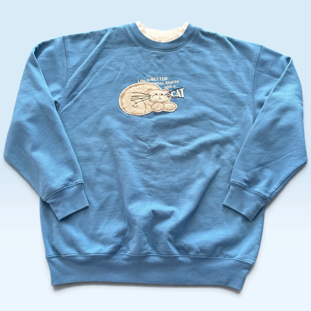 ME Sportswear Sweatshirt Womens Large Blue Life Is Better Cat Fleece Graphic